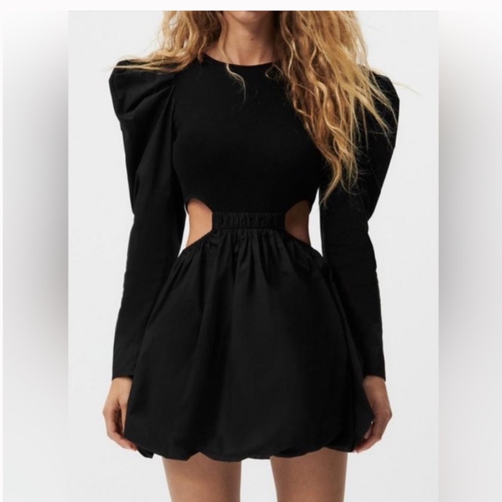 Zara Black Cutout Dress with Puff Sleeves